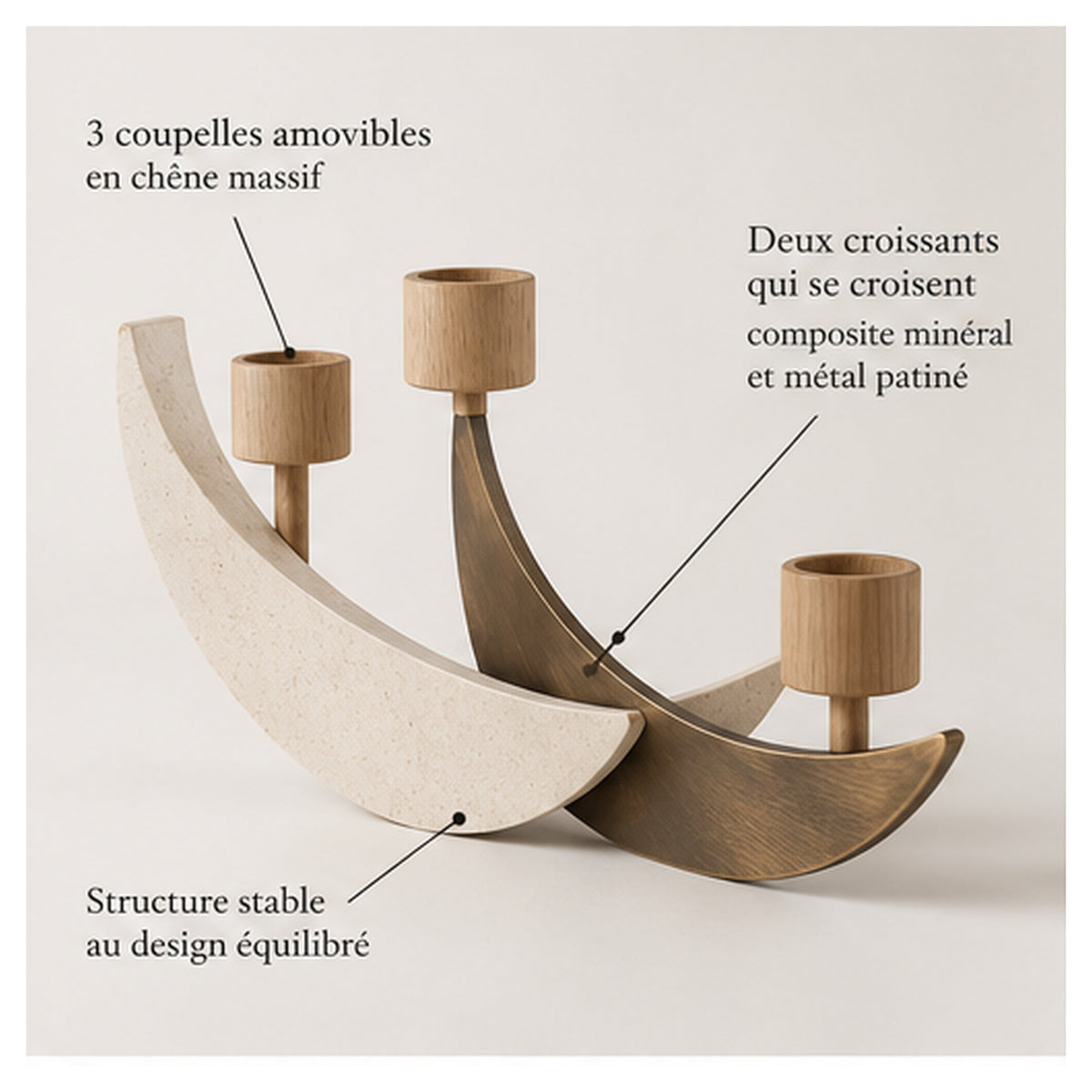 Bougeoir Lune Croisée – Composition à trois bougies