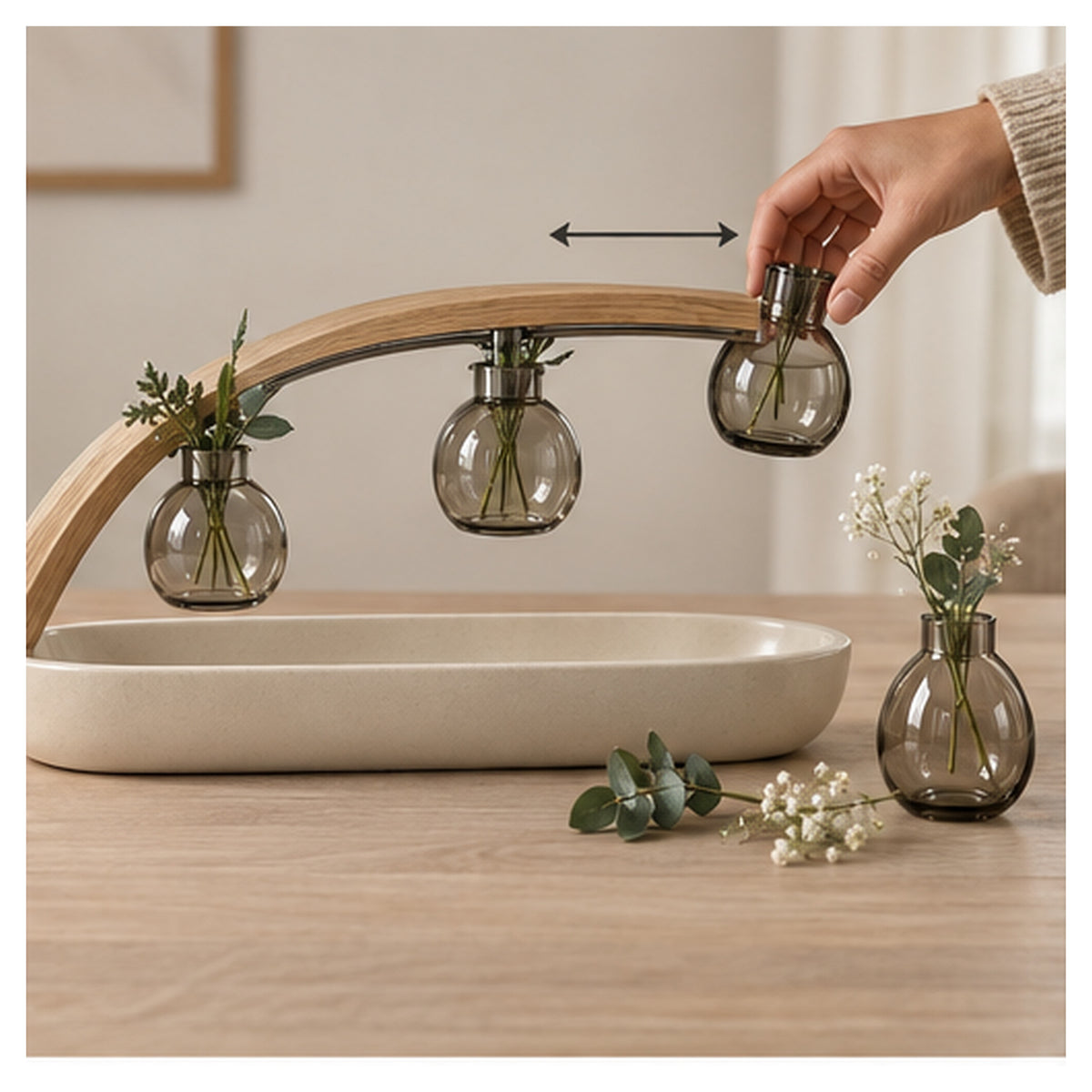 Centre de Table Arche Flottante – Trio de soliflores coulissants