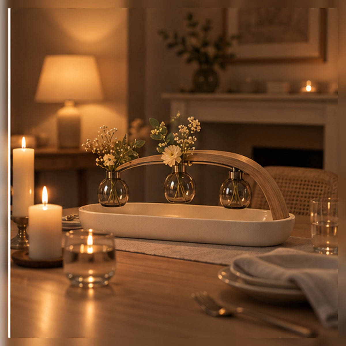 Centre de Table Arche Flottante – Trio de soliflores coulissants