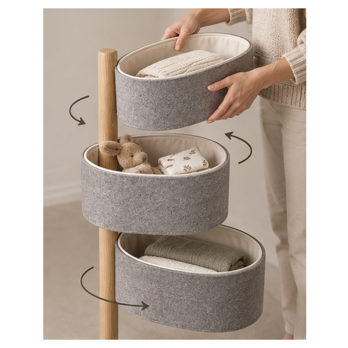 Tour Textile Orbite – Rangement rotatif à trois paniers