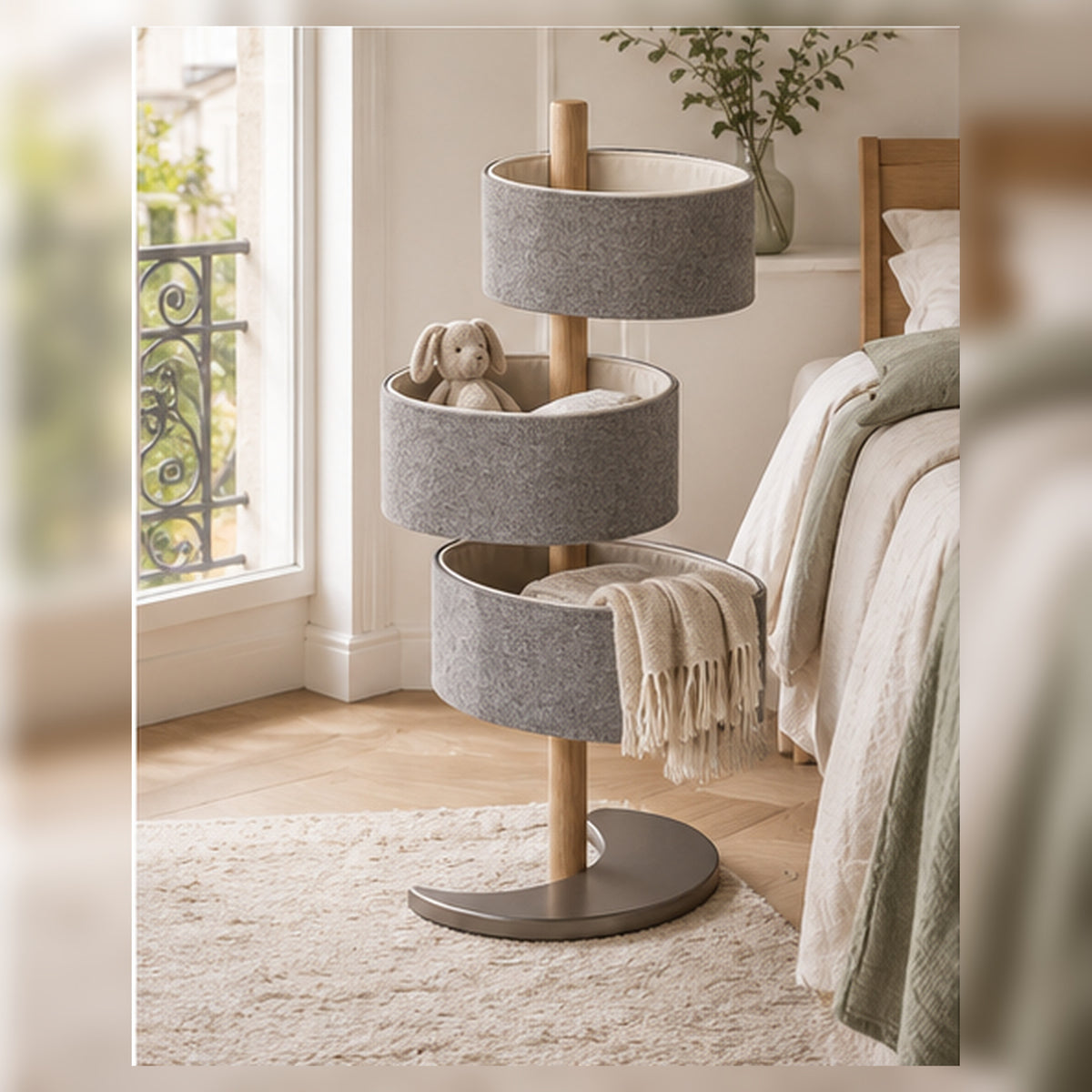 Tour Textile Orbite – Rangement rotatif à trois paniers