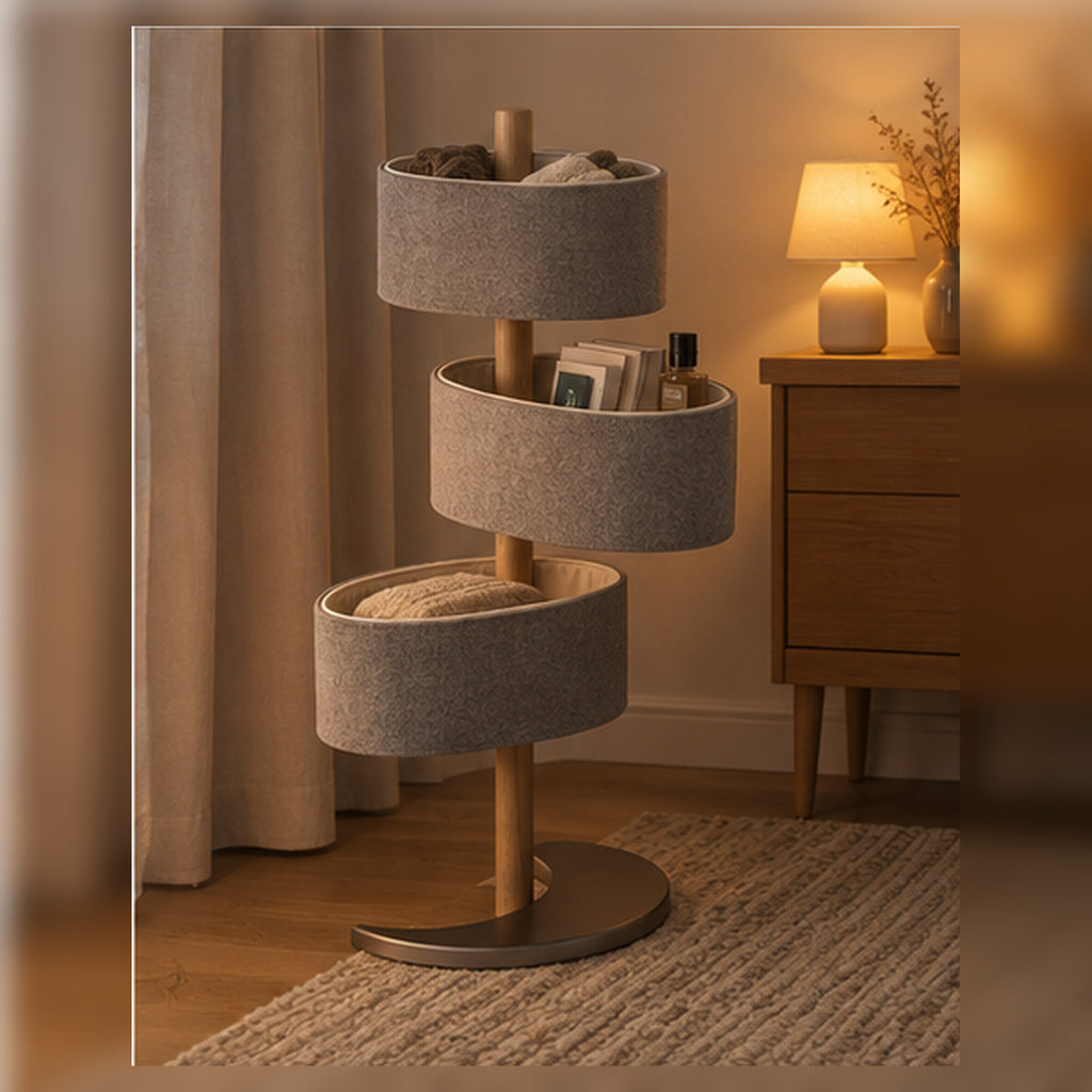 Tour Textile Orbite – Rangement rotatif à trois paniers